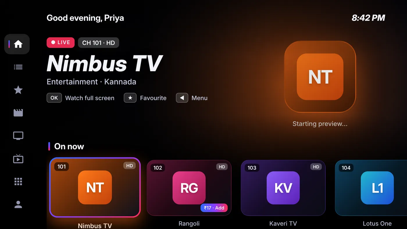 IPTV app home screen on a TV with live preview and channel rows