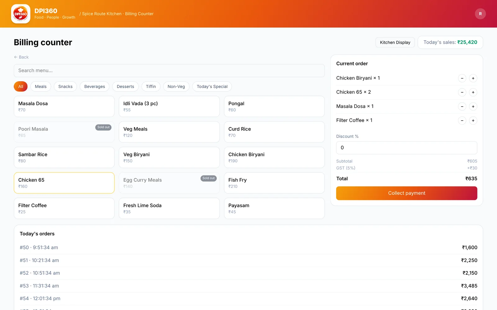 DPI360 billing counter with an order in progress