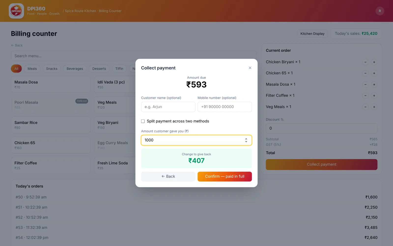 Cash, UPI, card or split