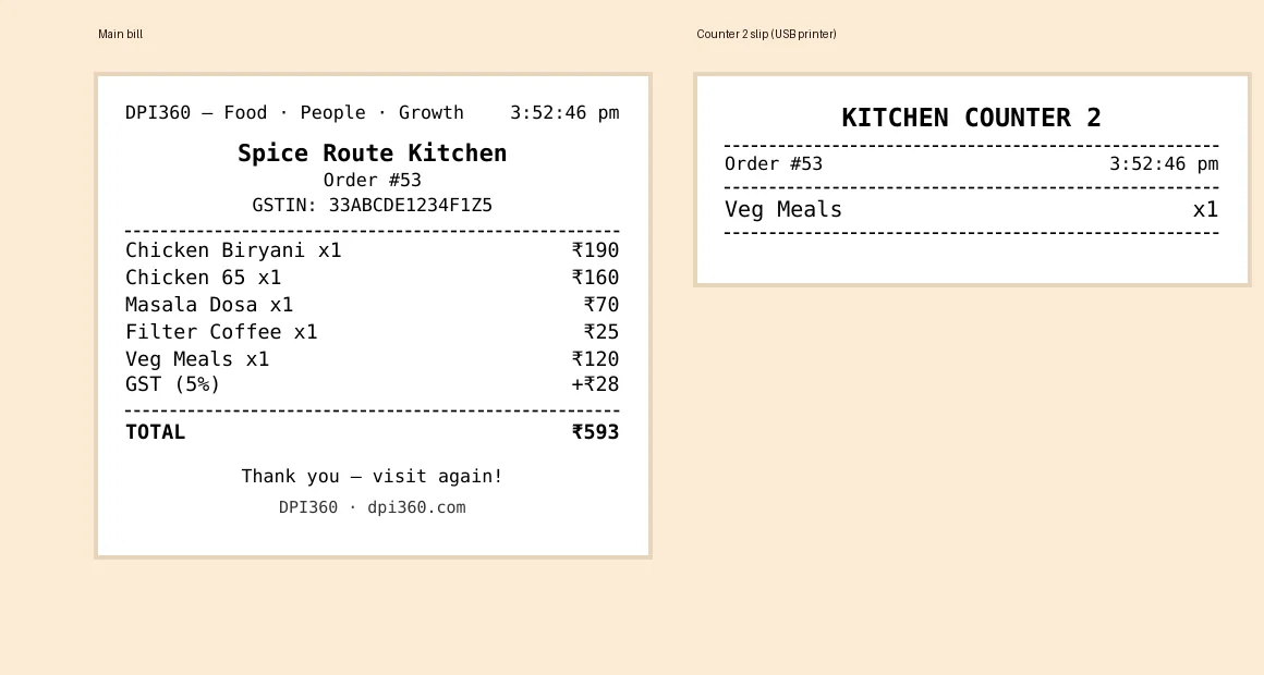 Printed 80 mm bill and a kitchen counter slip